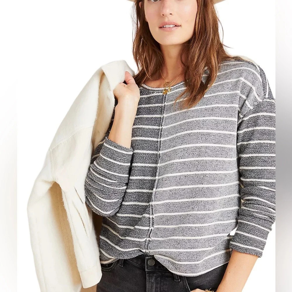Anthropologie Devin Sweater M Gray Striped Reverse Seam Raw Edge Knit